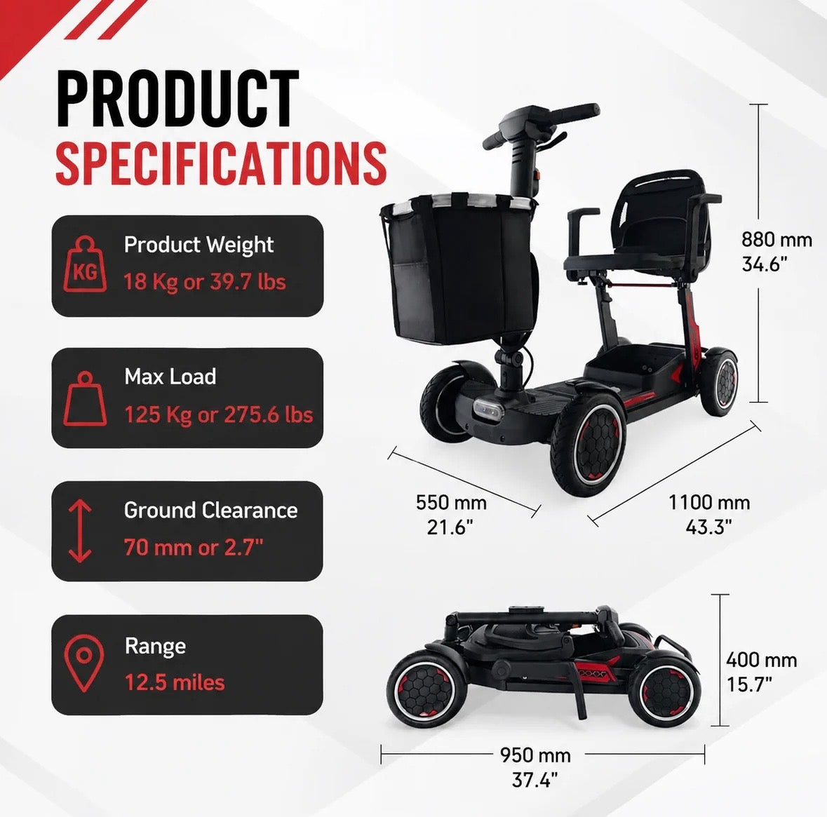 YL-966 Folding Mobility Scooter – Lightweight 19kg, Aluminium Frame, 10 Mile Range